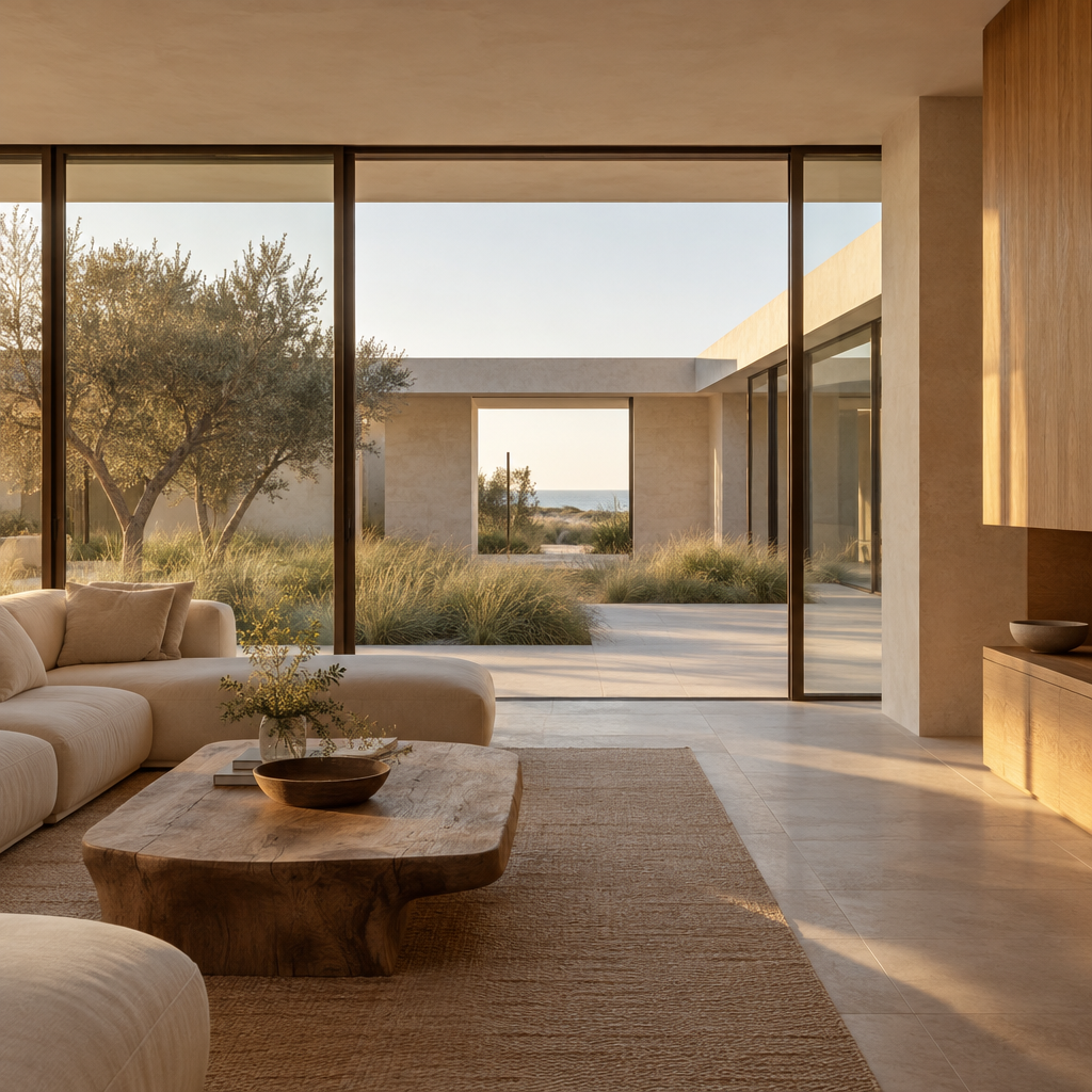 Living room study with pale flooring, ivory surfaces and warm oak accents