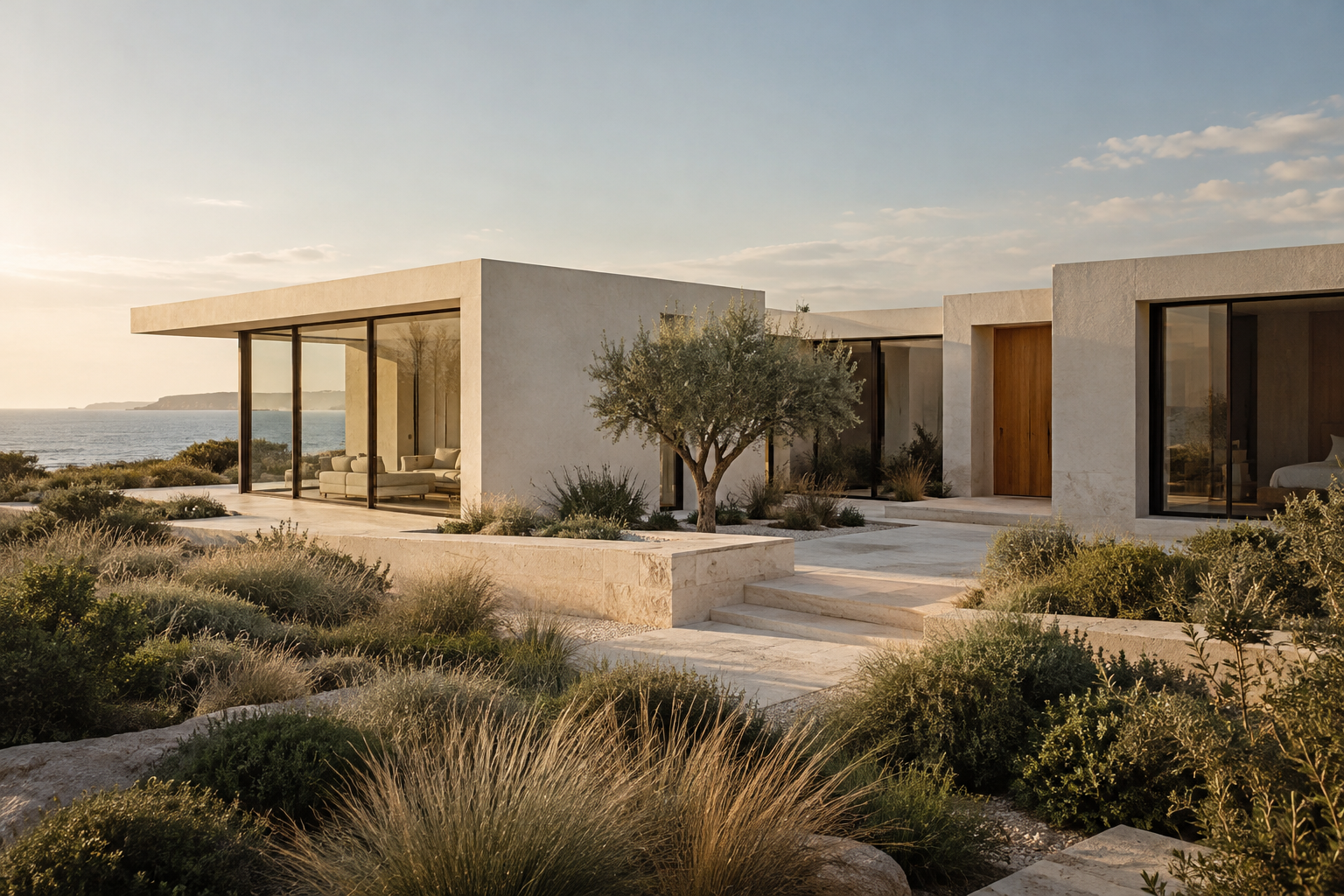 Contemporary coastal architecture with ivory walls, dark glazing and dune grasses