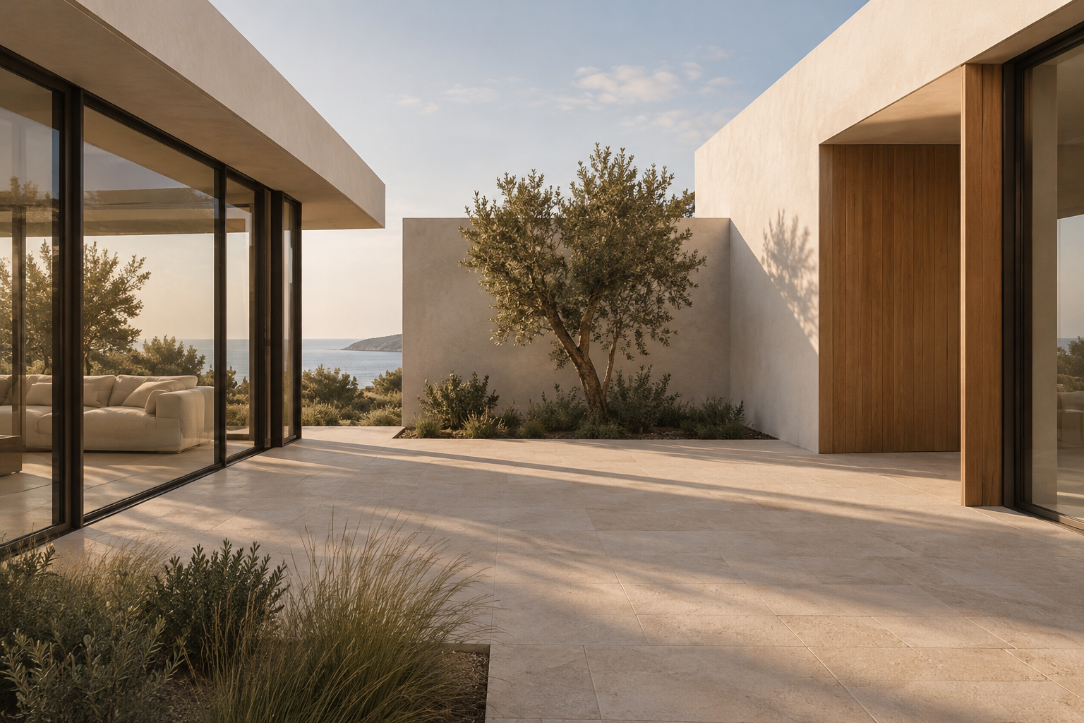 HALCYON courtyard study: ivory walls, pale stone and coastal light