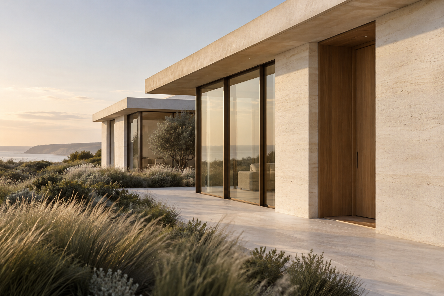 Exterior study with flat rooflines, slender dark glazing and dune grasses